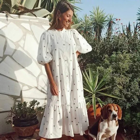 ZARA EMBROIDERED MIDI DRESS WHITE Flounced hem - Picture 1 of 8
